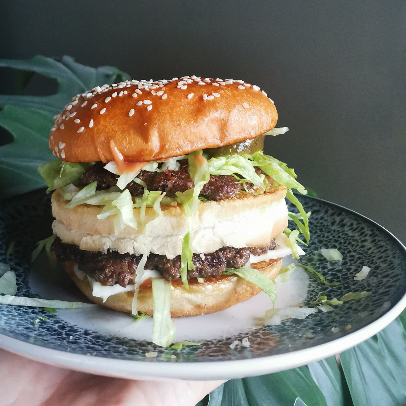 Close up food photo of burger showing soft natural window light