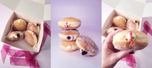 3 photos side by side arranged into a banner image to show donut product photos from the same brand shoot