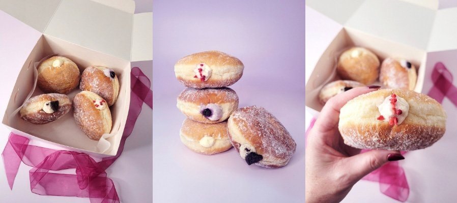 3 photos side by side arranged into a banner image to show donut product photos from the same brand shoot
