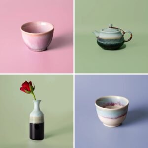Collage of 4 product photos showing handmade ceramics against soft colored backgrounds