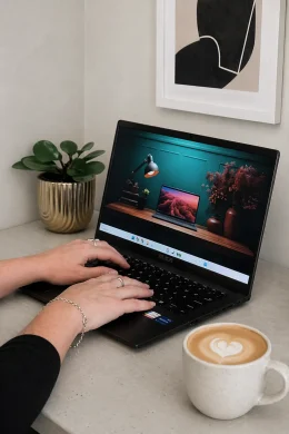 focused workstation with laptop and coffee